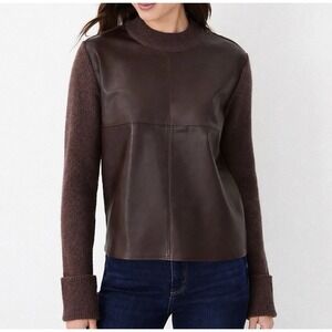 Ann Taylor Faux Leather Knit Sweater S Brown Mixed Media Y2K Grunge Minimalist